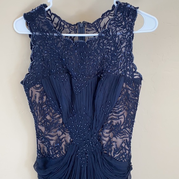 Tadashi Shoji Navy Silk Beaded Gown - Picture 3 of 11